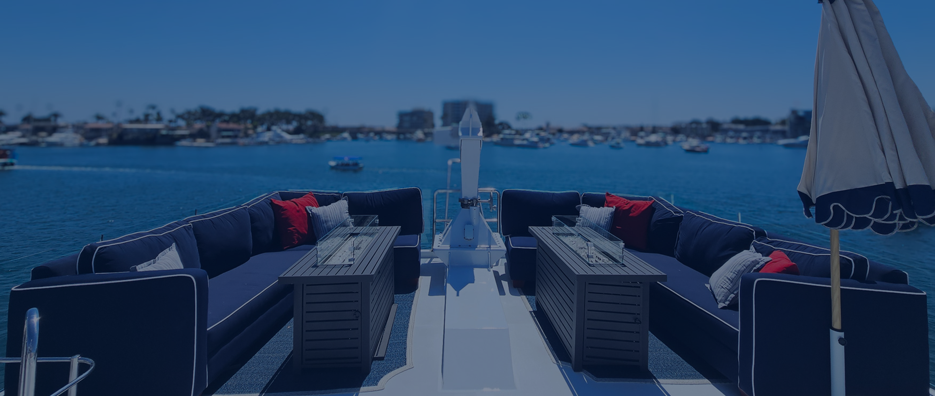 Full Circle Yacht open-air top deck overlooking Newport Harbor