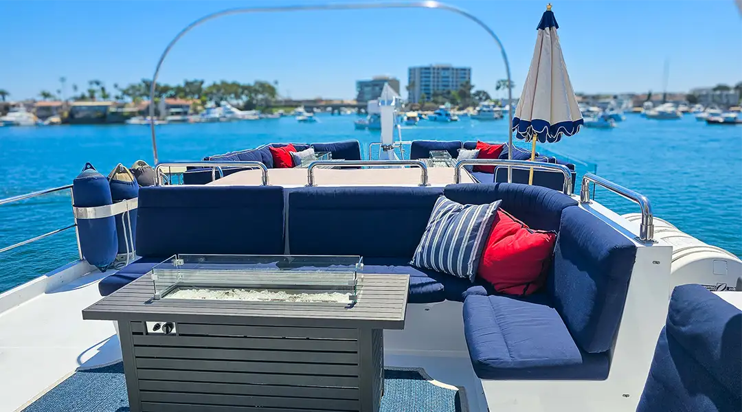 Full Circle Yacht top deck lounge overlooking Newport Harbor
