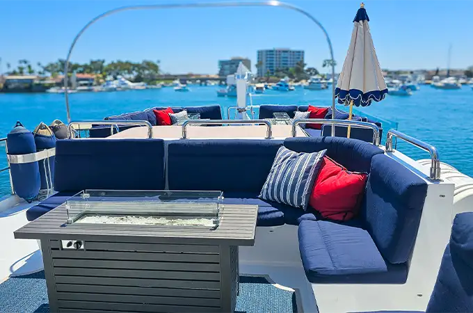 Full Circle Yacht top deck lounge and fire pit