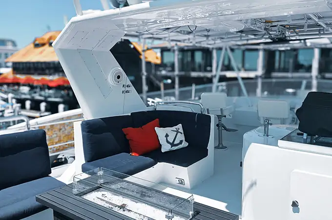 Full Circle Yacht upper deck seating and helm