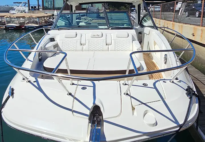 Forward bow loungers and the walkway leading toward the Sea Ray windshield
